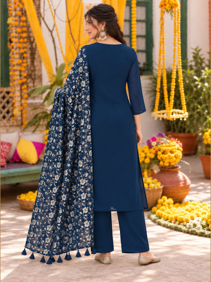 Mul Chanderi Teal Blue Straight Flared Kurta Pant Dupatta Set