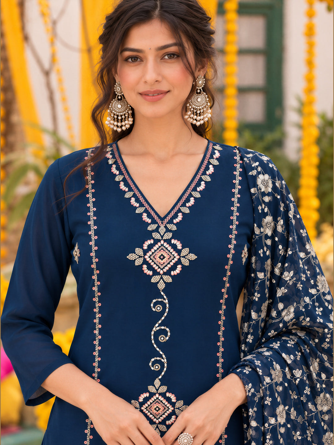Mul Chanderi Teal Blue Straight Flared Kurta Pant Dupatta Set