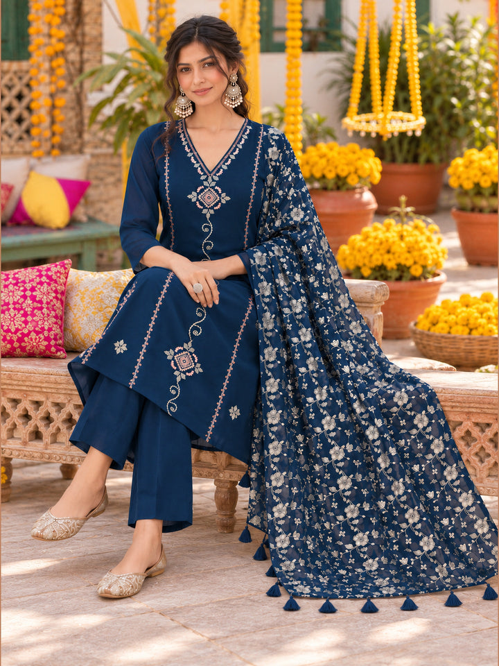 Mul Chanderi Teal Blue Straight Flared Kurta Pant Dupatta Set