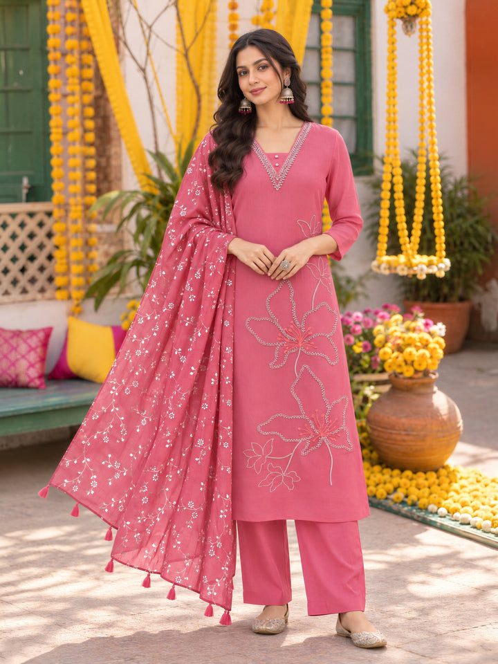 Mul Chanderi Pink Straight Flared Kurta Pant Dupatta Set