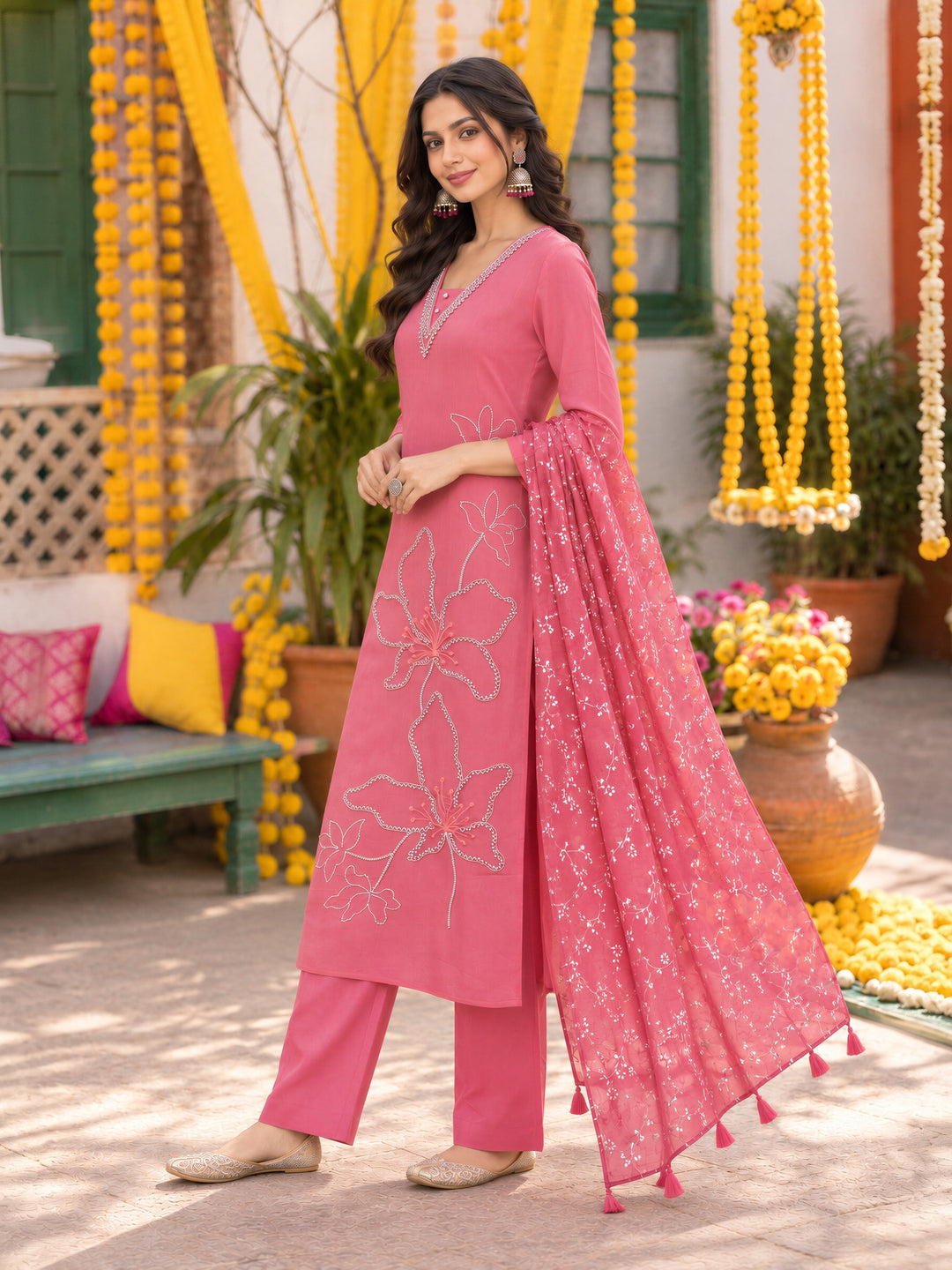 Mul Chanderi Pink Straight Flared Kurta Pant Dupatta Set