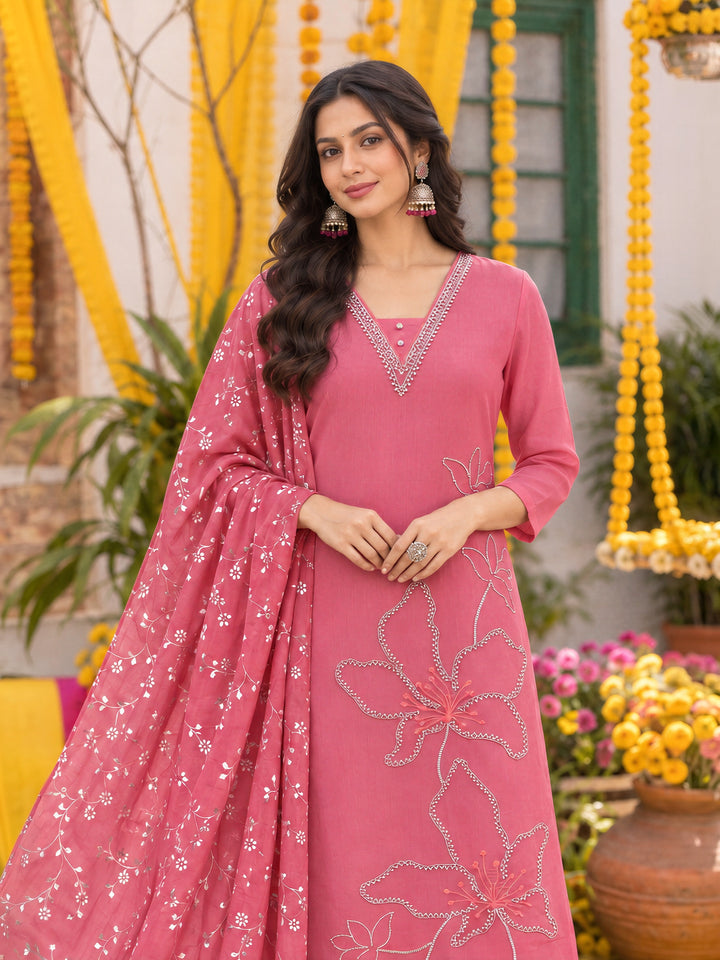 Mul Chanderi Pink Straight Flared Kurta Pant Dupatta Set