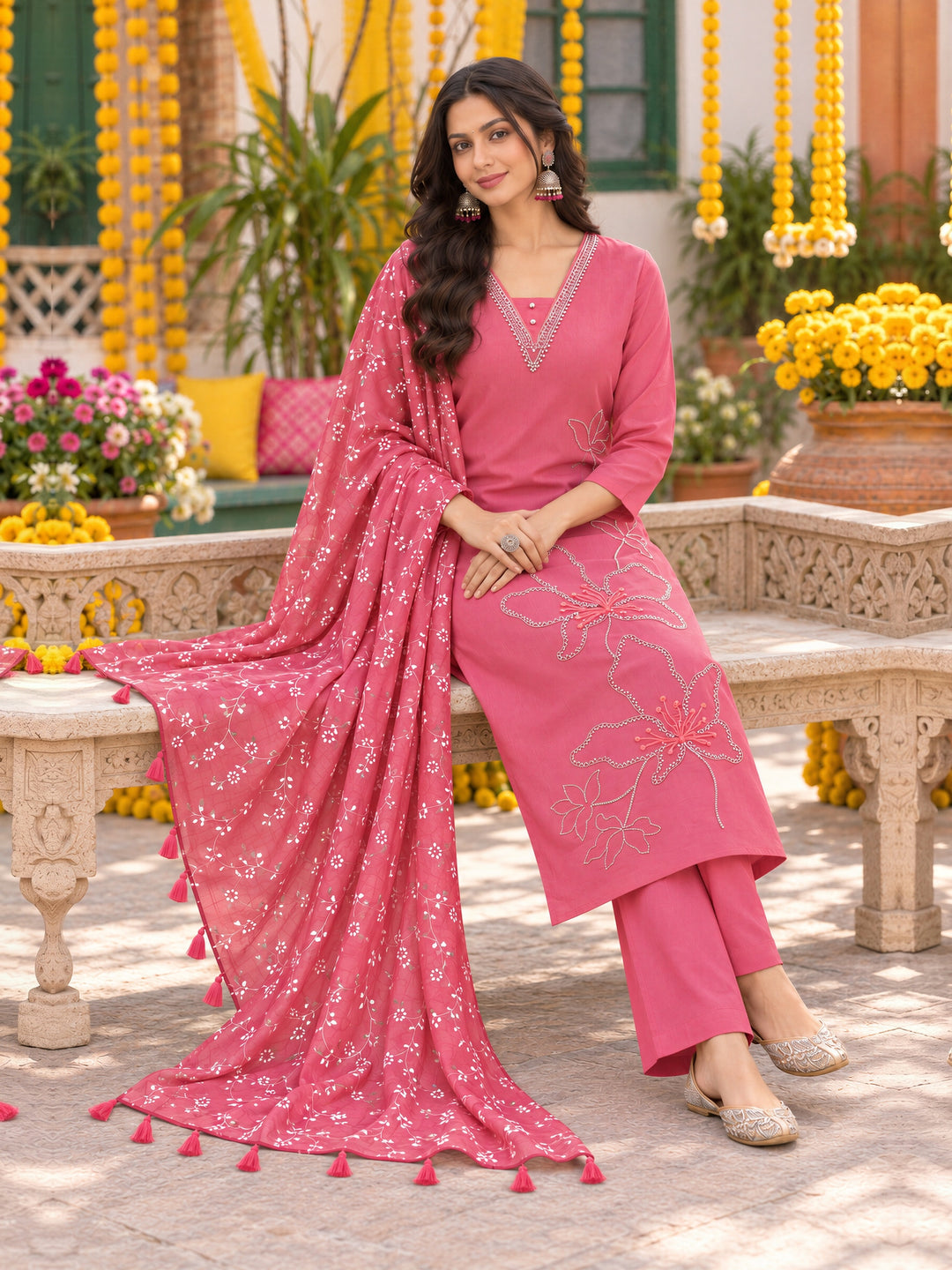 Mul Chanderi Pink Straight Flared Kurta Pant Dupatta Set