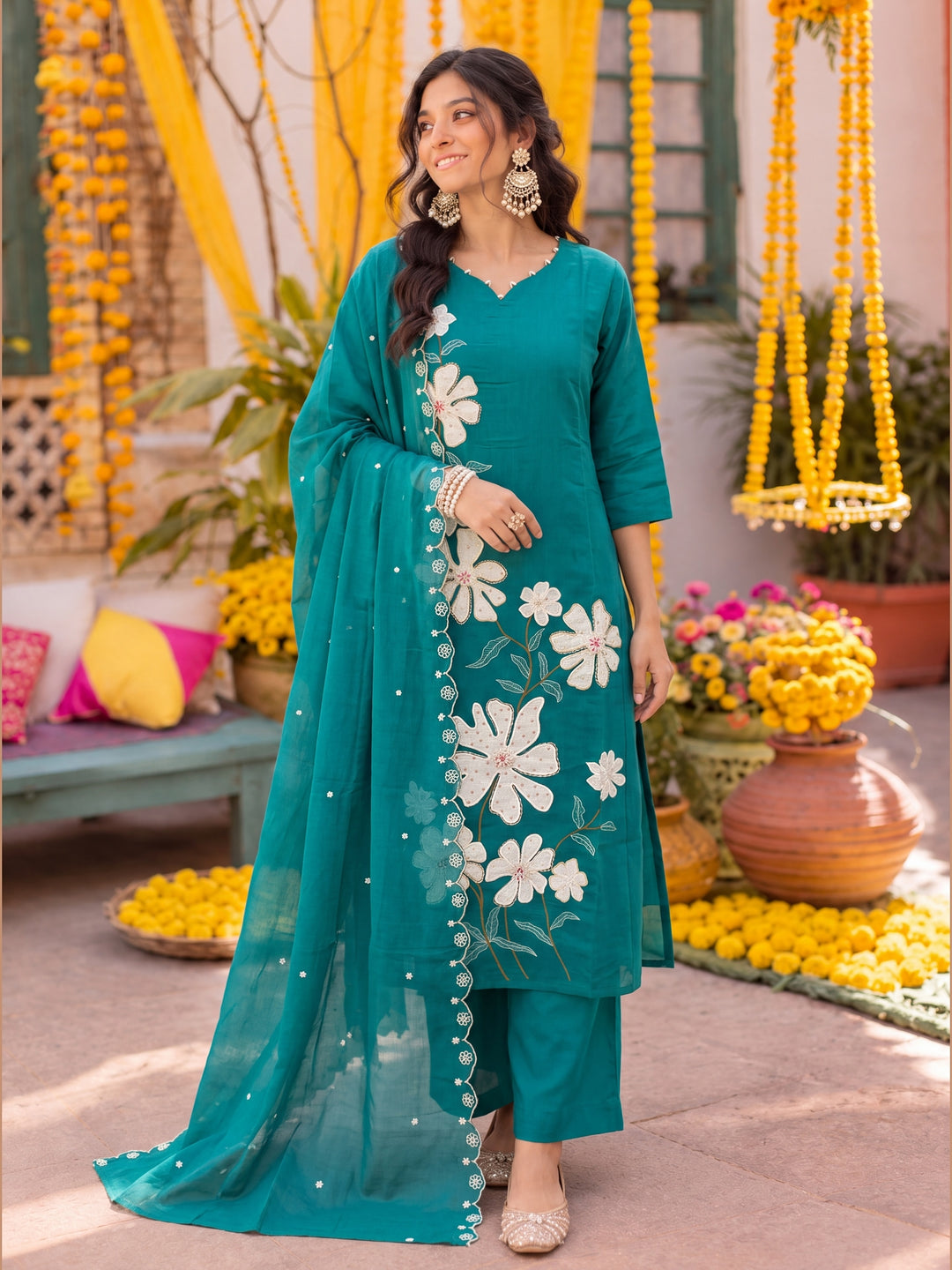 Teal Green Mal Chanderi Kurta Dupatta Pant Set