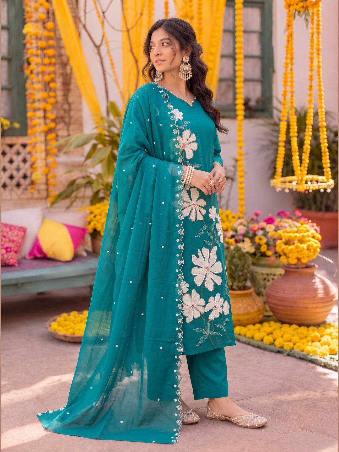 Teal Green Mal Chanderi Kurta Dupatta Pant Set