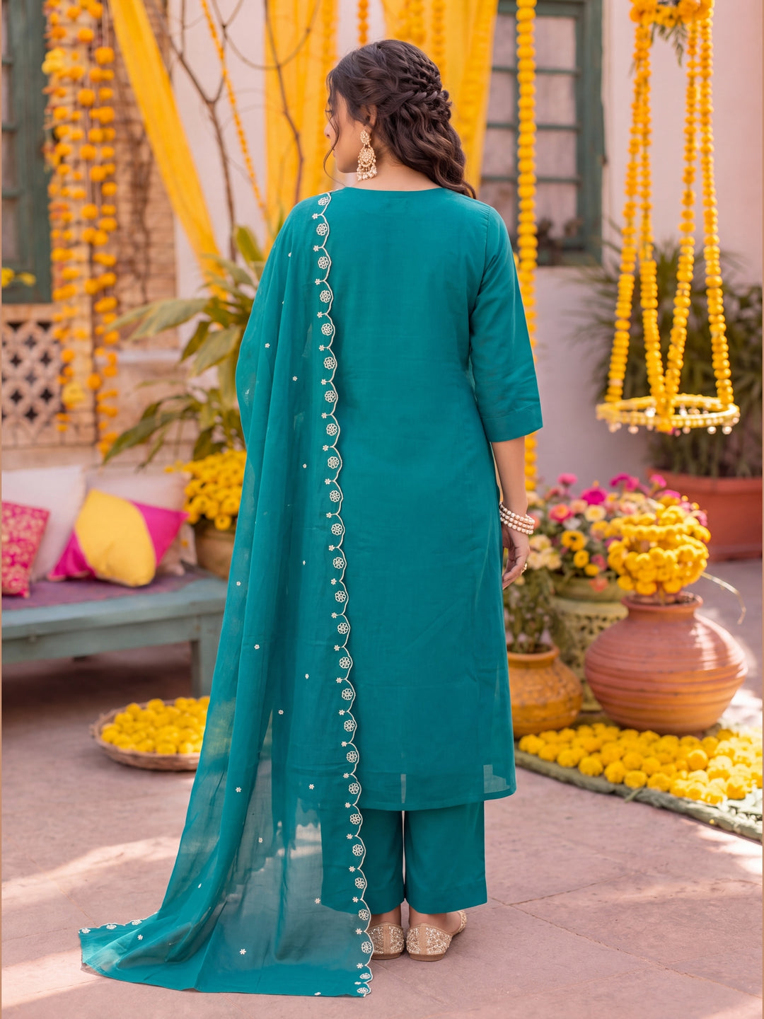 Teal Green Mal Chanderi Kurta Dupatta Pant Set