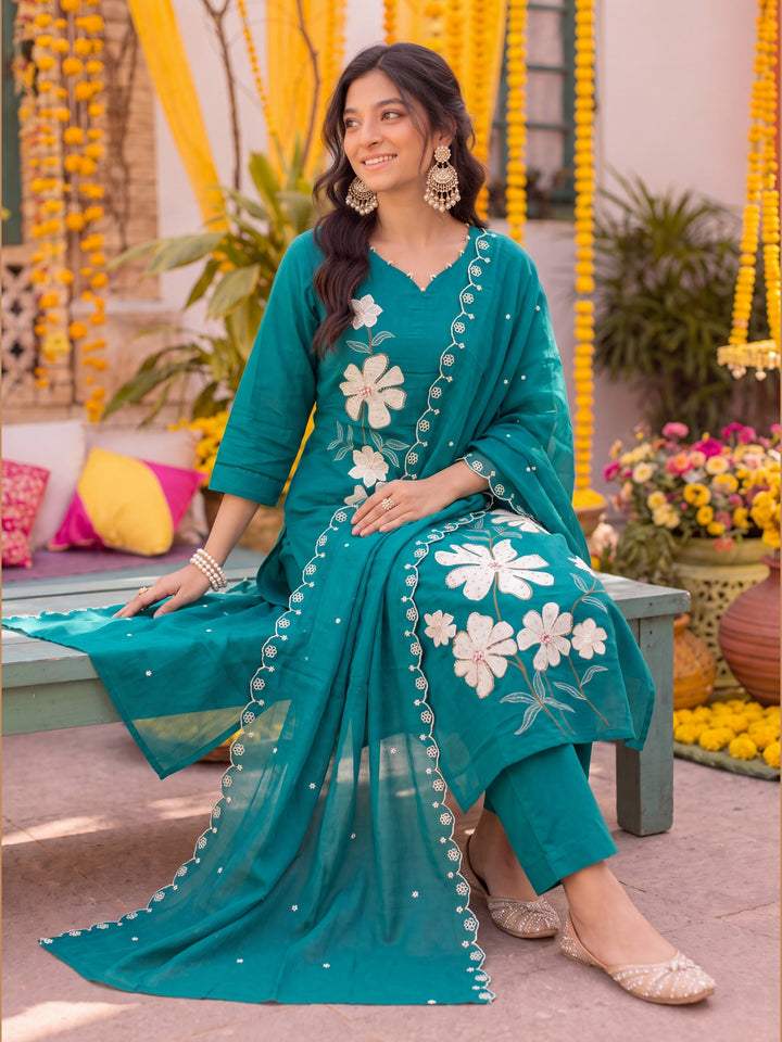 Teal Green Mal Chanderi Kurta Dupatta Pant Set