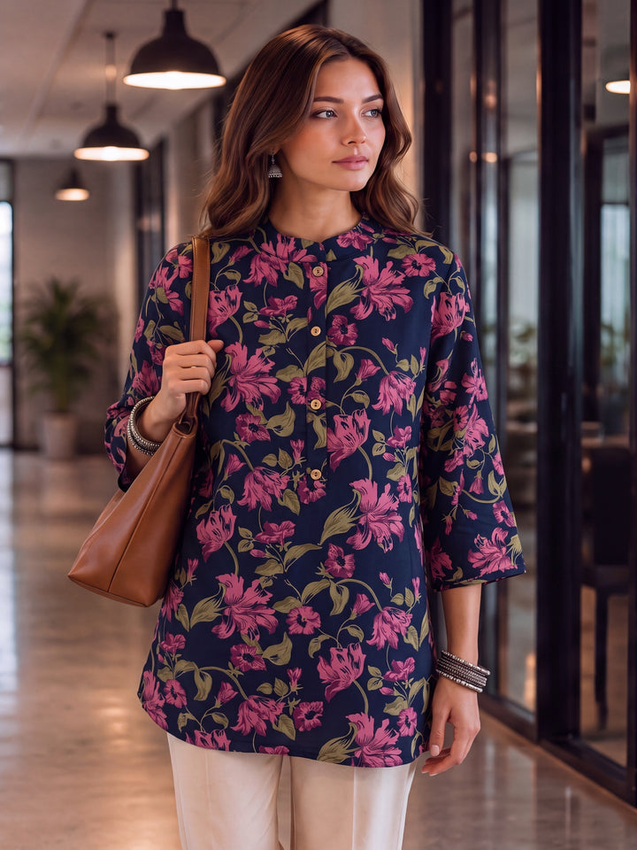 Navy Blue Cotton Mandarin Collar Top