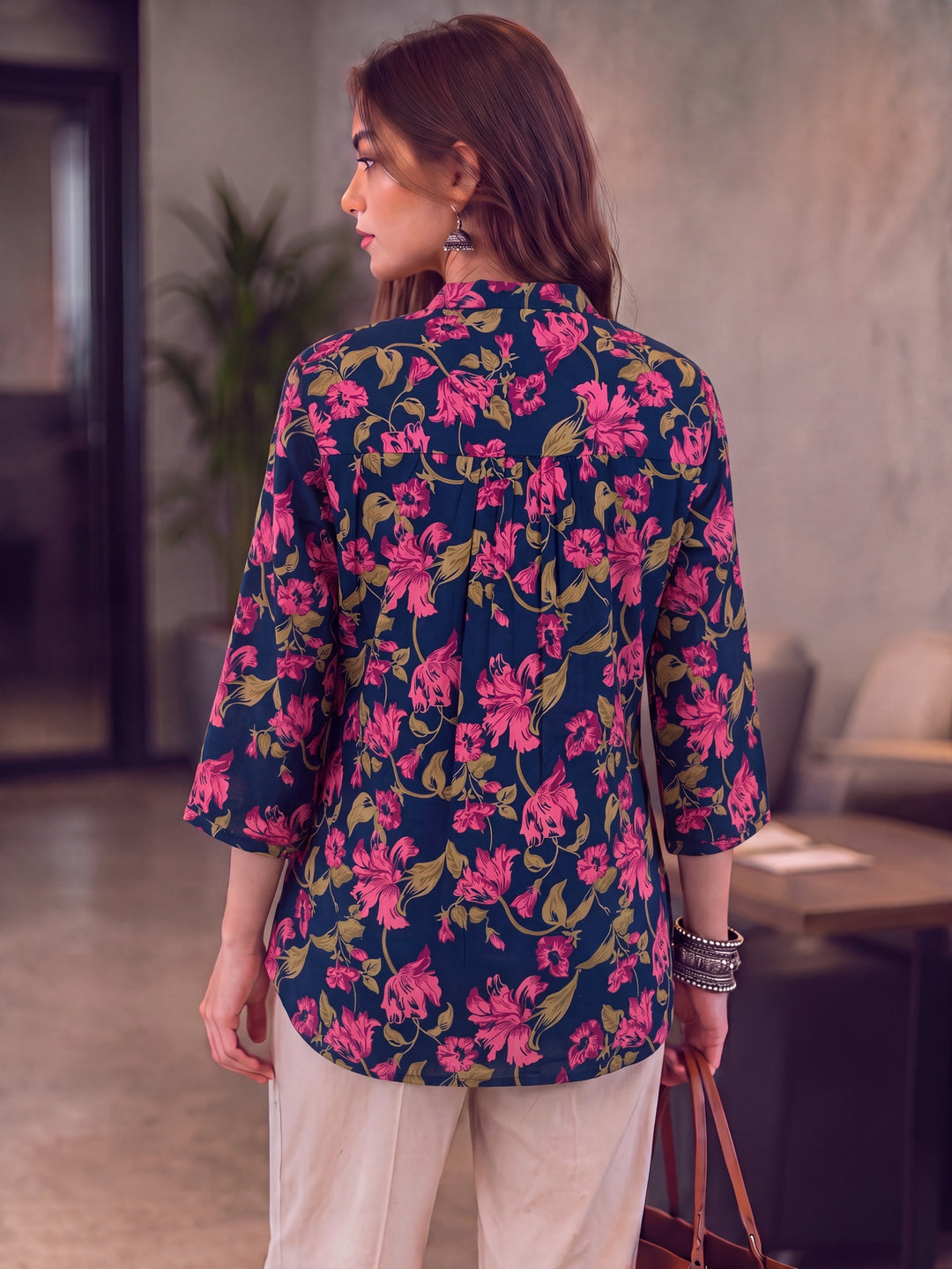 Navy Blue Cotton Mandarin Collar Top