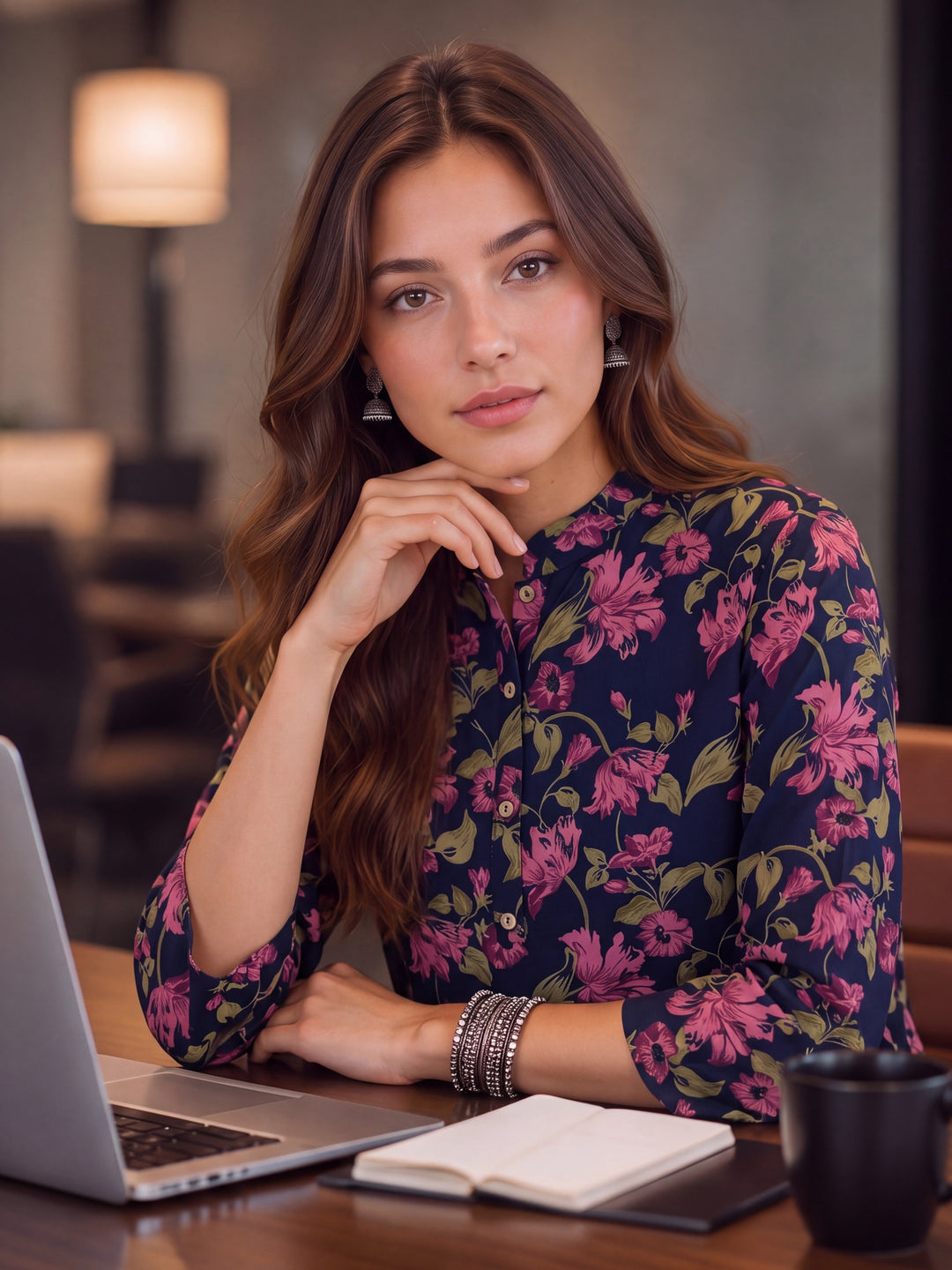 Navy Blue Cotton Mandarin Collar Top