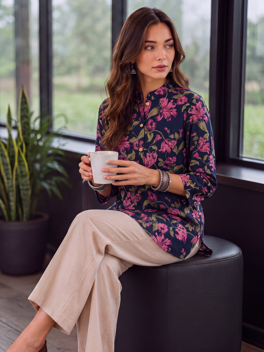 Navy Blue Cotton Mandarin Collar Top