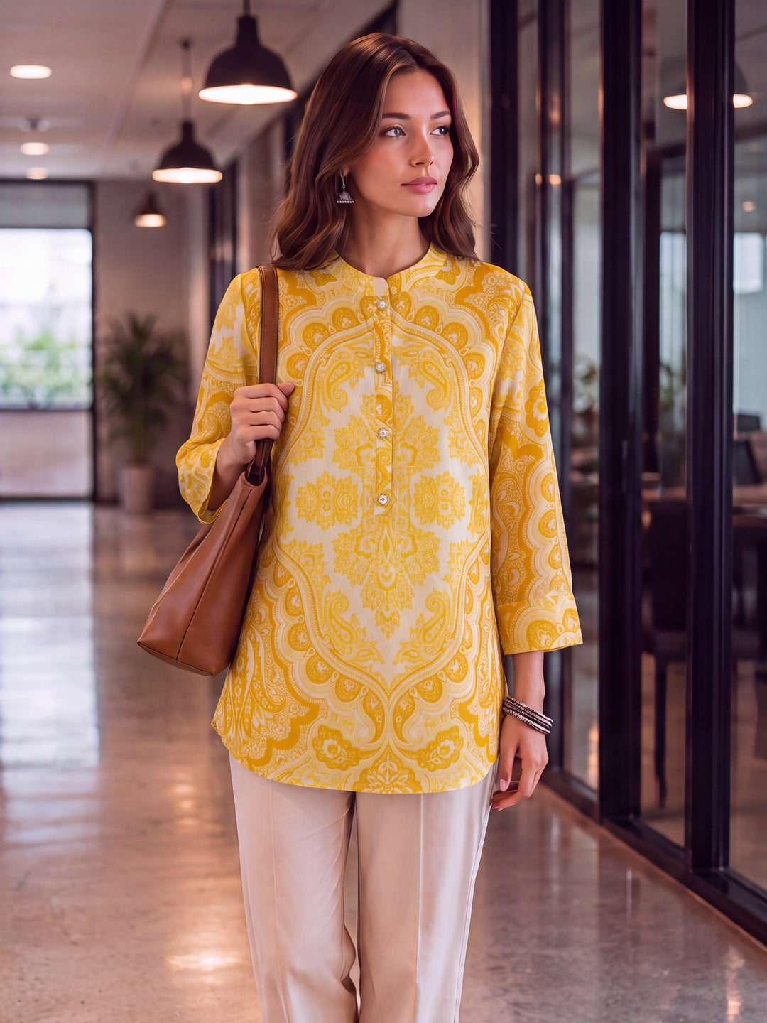 Yellow Cotton Mandarin Collar Top