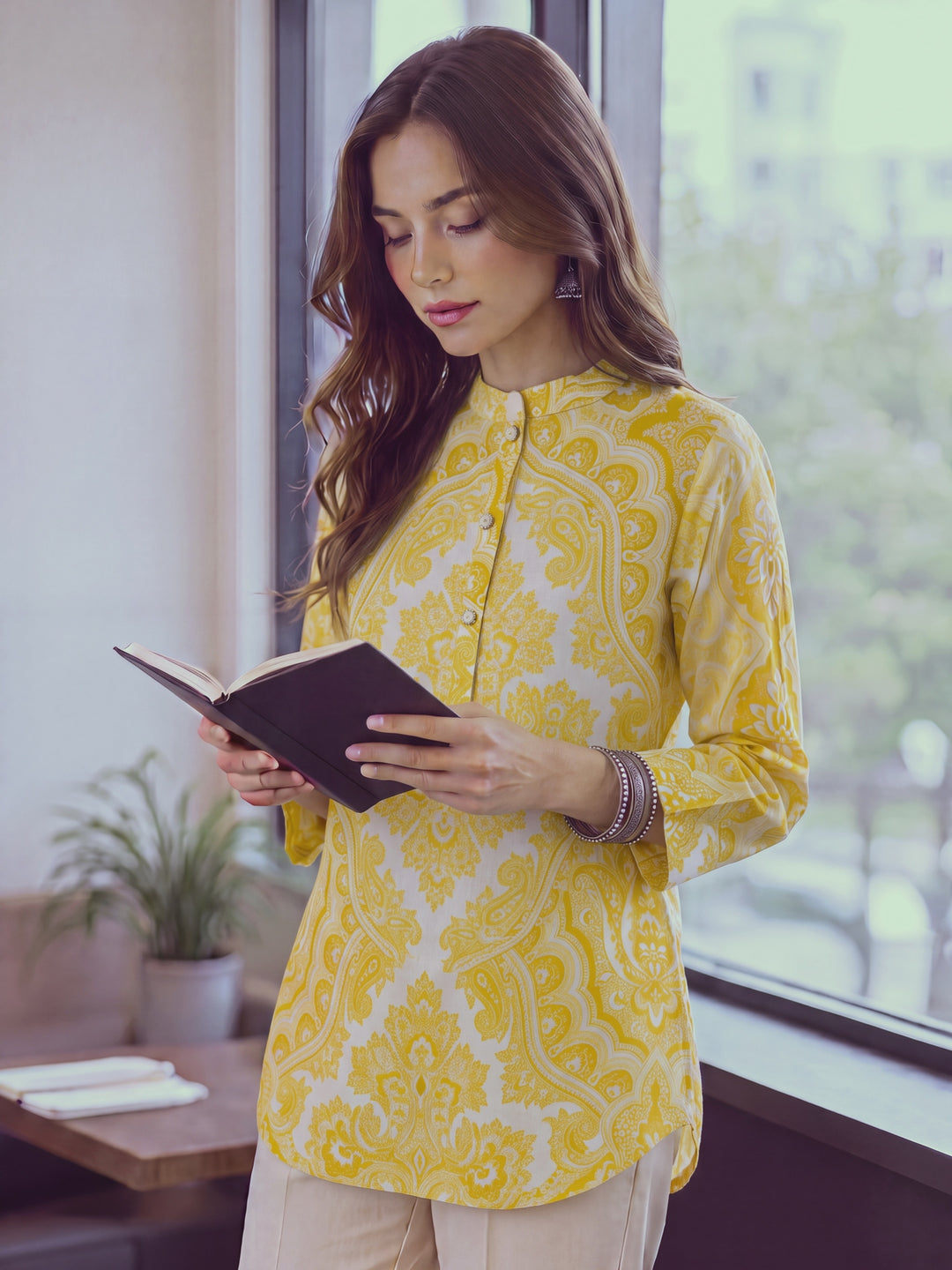 Yellow Cotton Mandarin Collar Top
