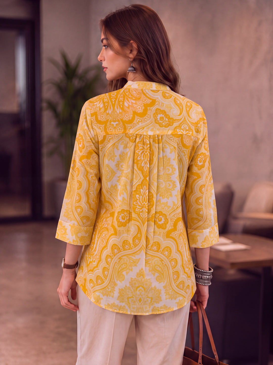 Yellow Cotton Mandarin Collar Top