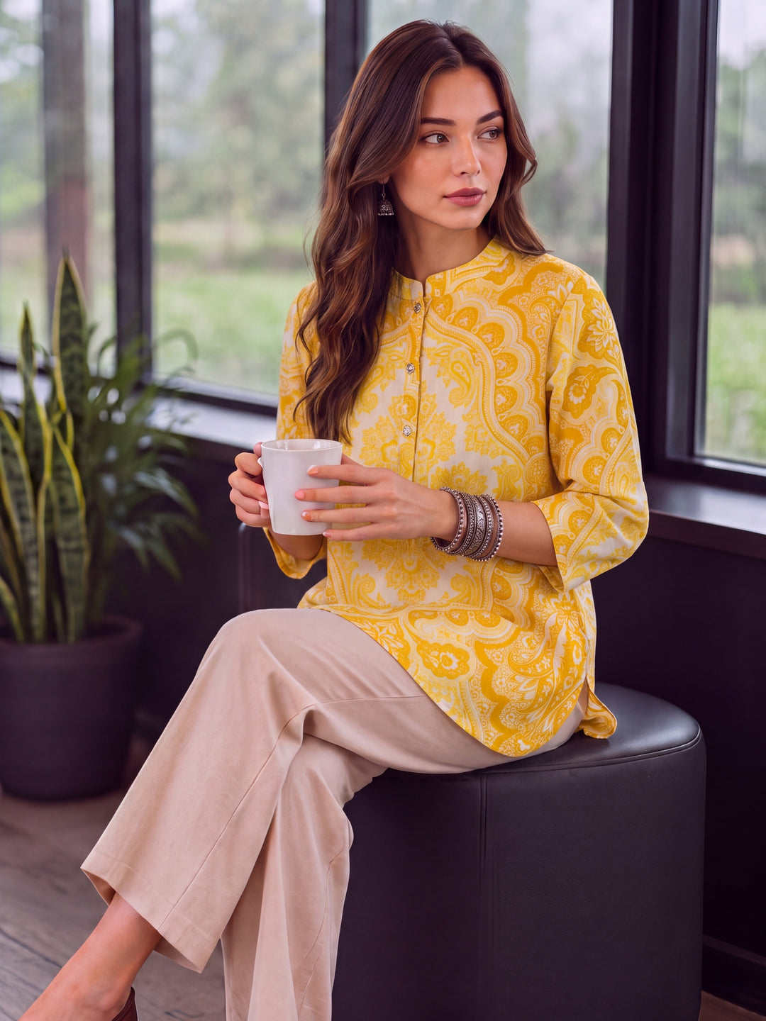 Yellow Cotton Mandarin Collar Top