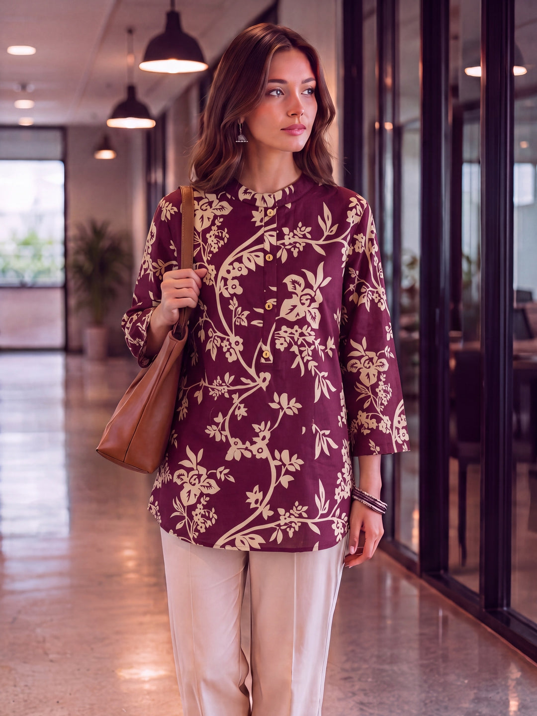 Burgundy Cotton Mandarin Collar Top
