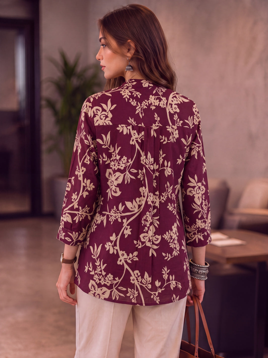 Burgundy Cotton Mandarin Collar Top