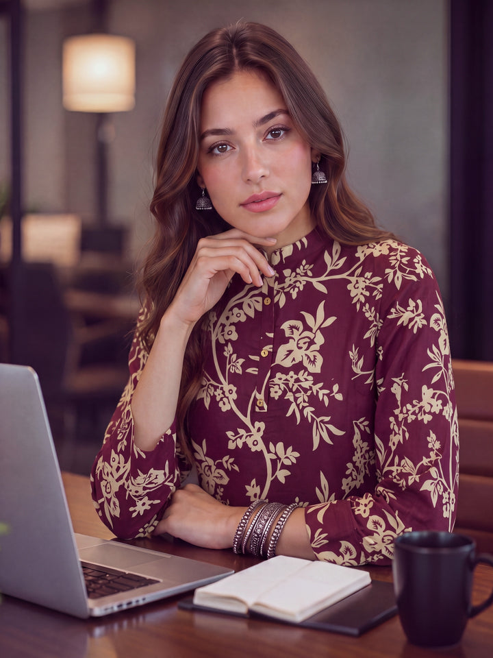Burgundy Cotton Mandarin Collar Top