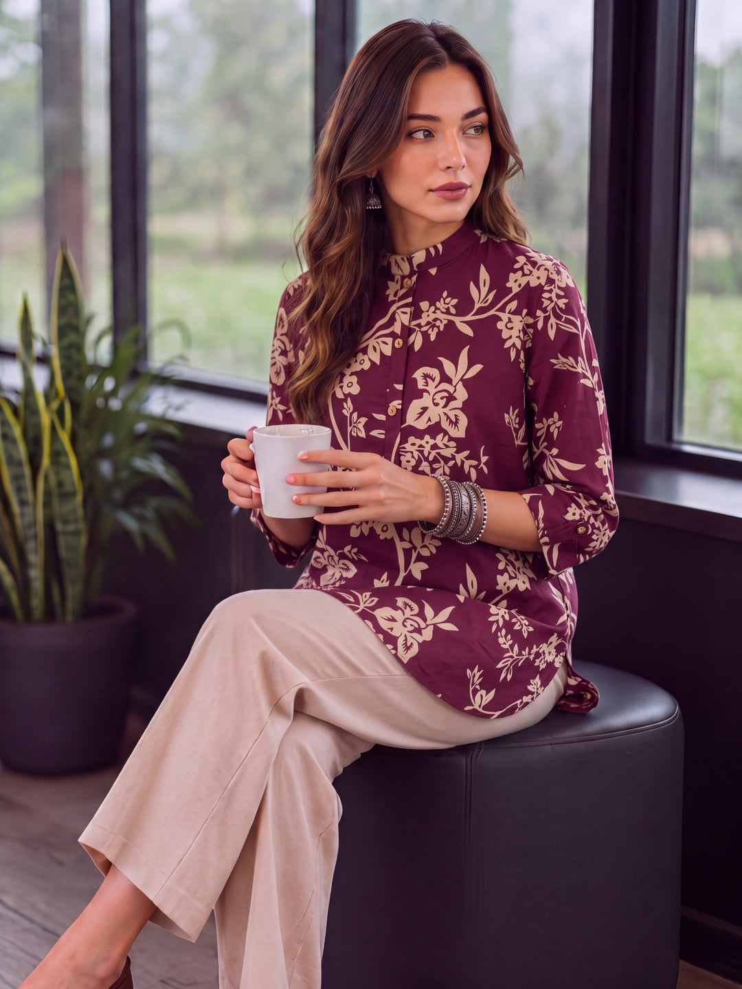 Burgundy Cotton Mandarin Collar Top