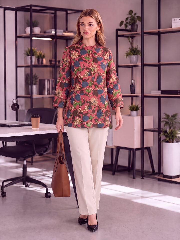 Pink Cotton Mandarin Collar Top