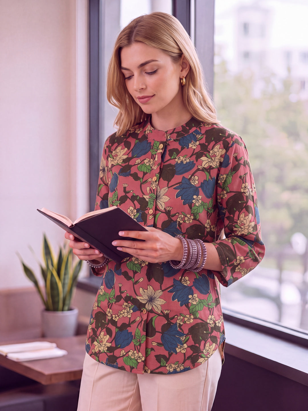 Pink Cotton Mandarin Collar Top