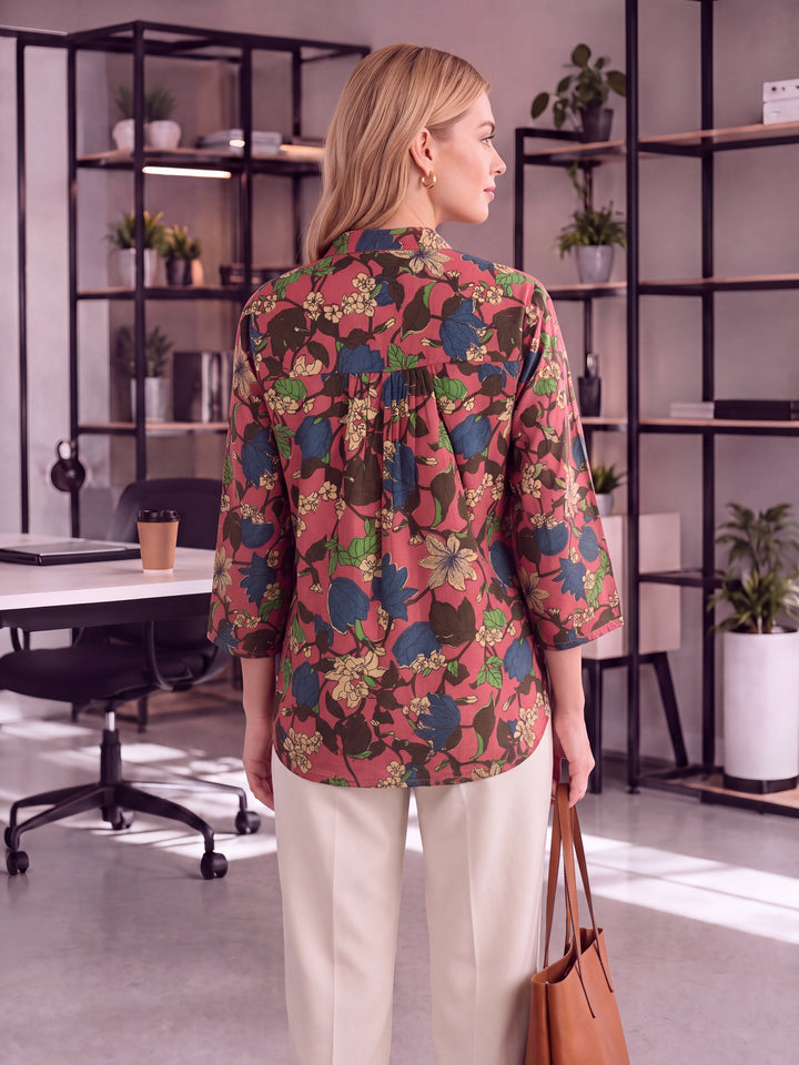 Pink Cotton Mandarin Collar Top