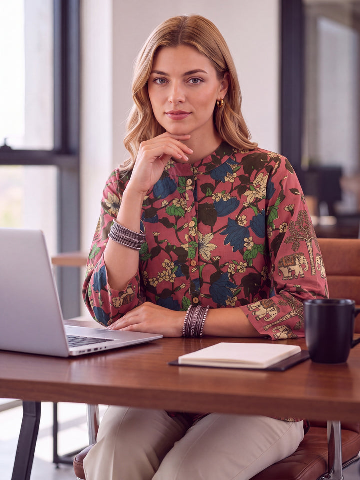 Pink Cotton Mandarin Collar Top