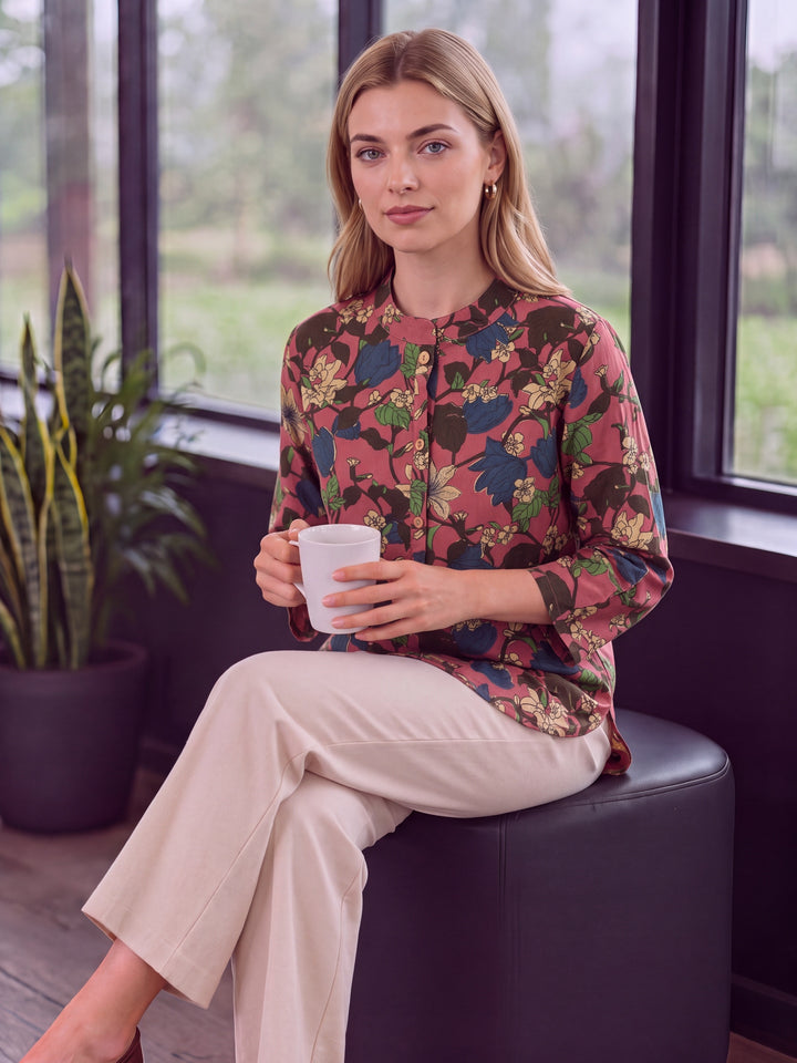 Pink Cotton Mandarin Collar Top