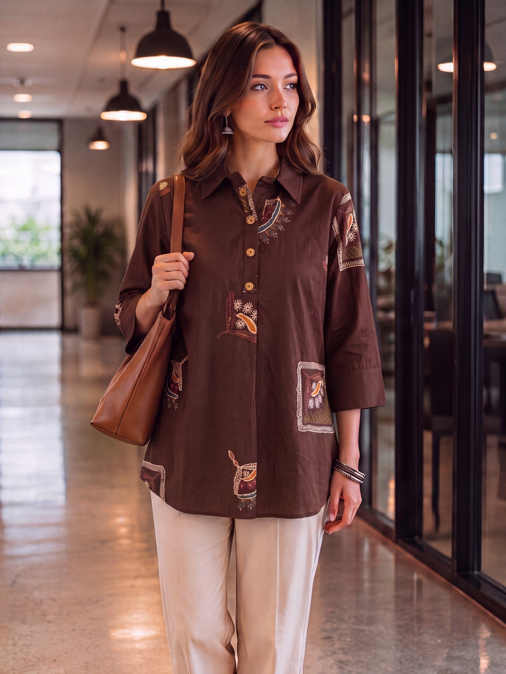 Brown Cotton Knife Pleat Flare Sleeve Top