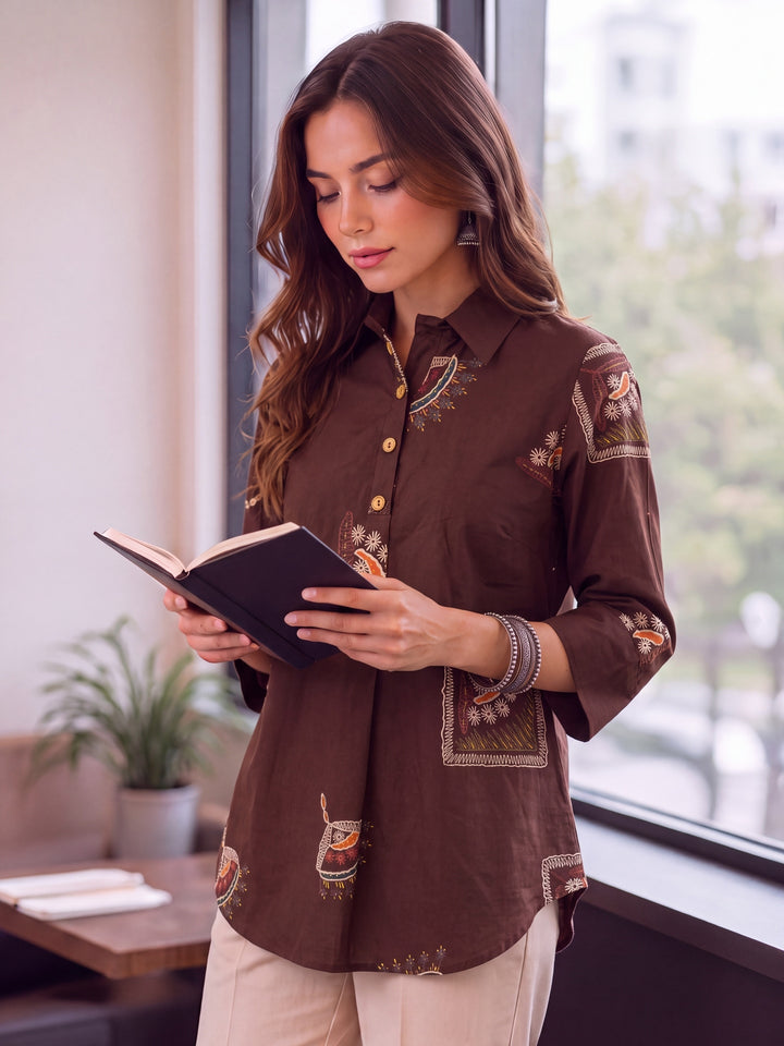 Brown Cotton Knife Pleat Flare Sleeve Top