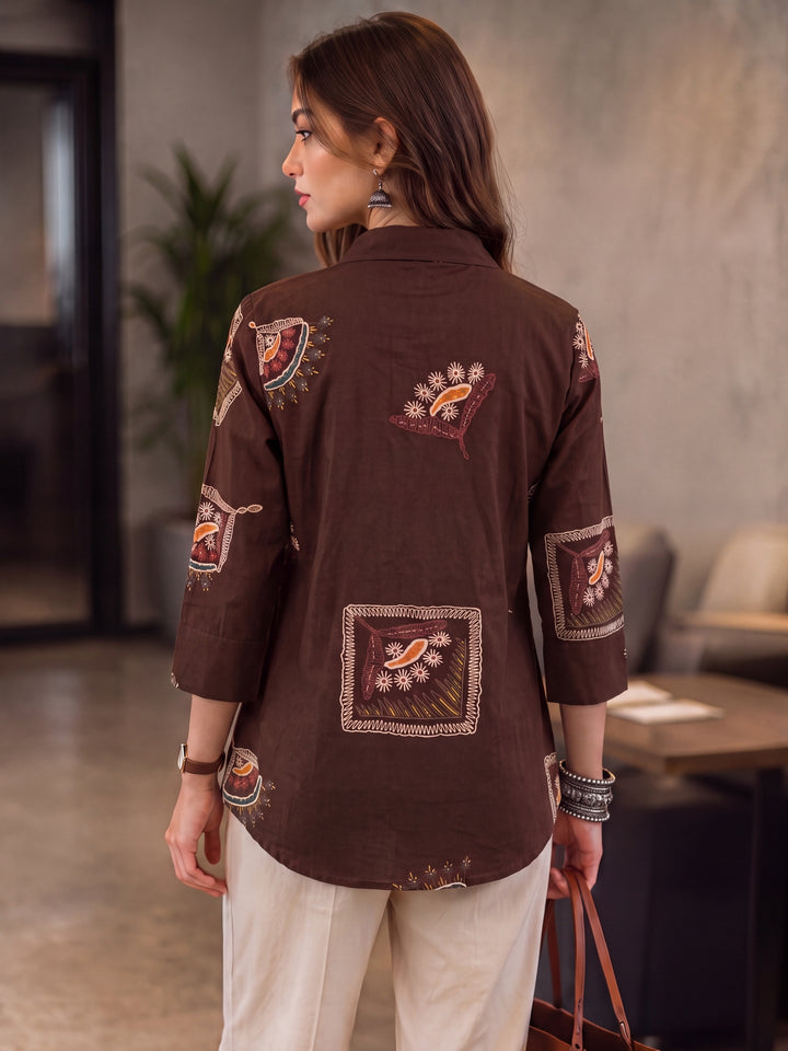 Brown Cotton Knife Pleat Flare Sleeve Top
