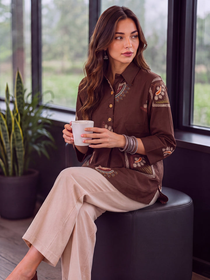 Brown Cotton Knife Pleat Flare Sleeve Top