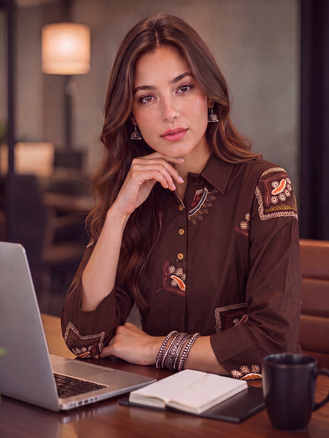 Brown Cotton Knife Pleat Flare Sleeve Top