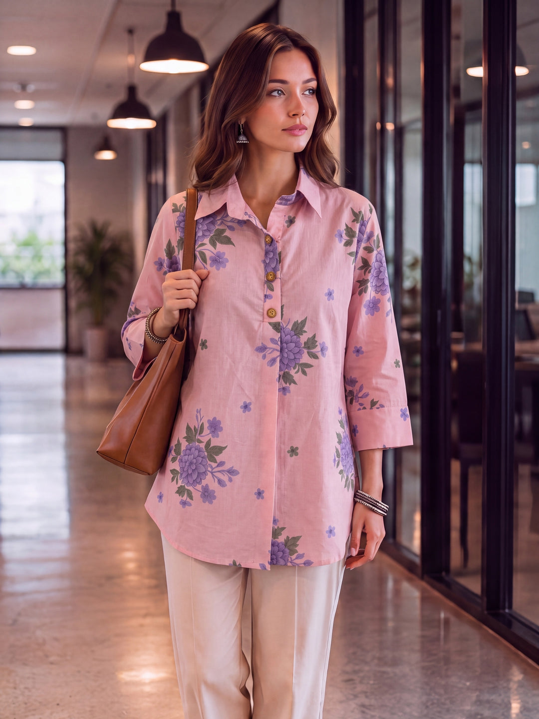 Pink Cotton Knife Pleat Flare Sleeve Top