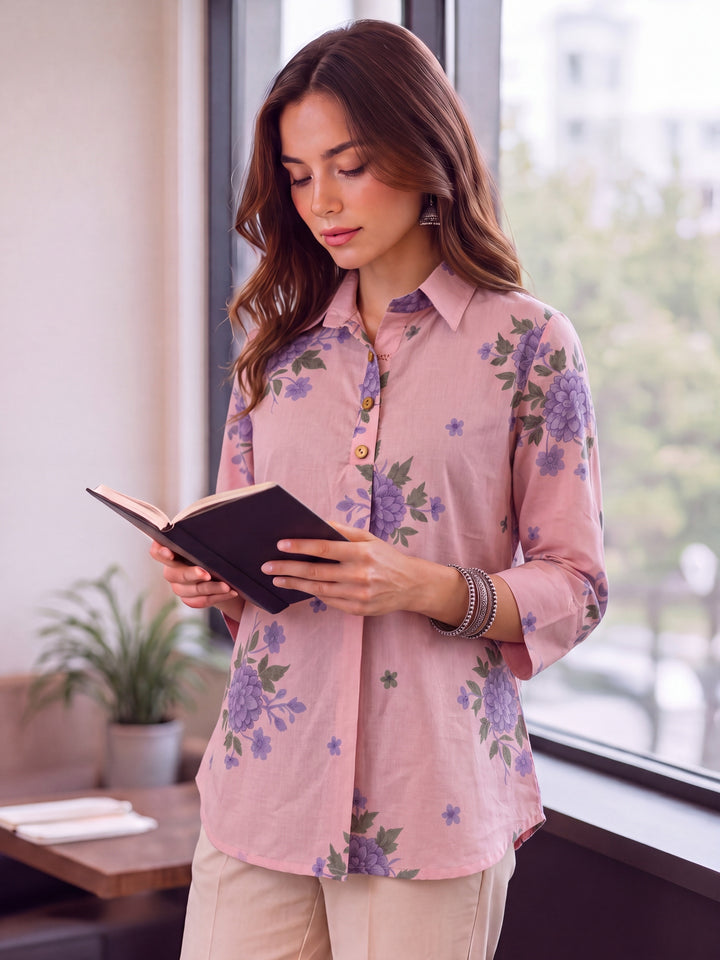 Pink Cotton Knife Pleat Flare Sleeve Top