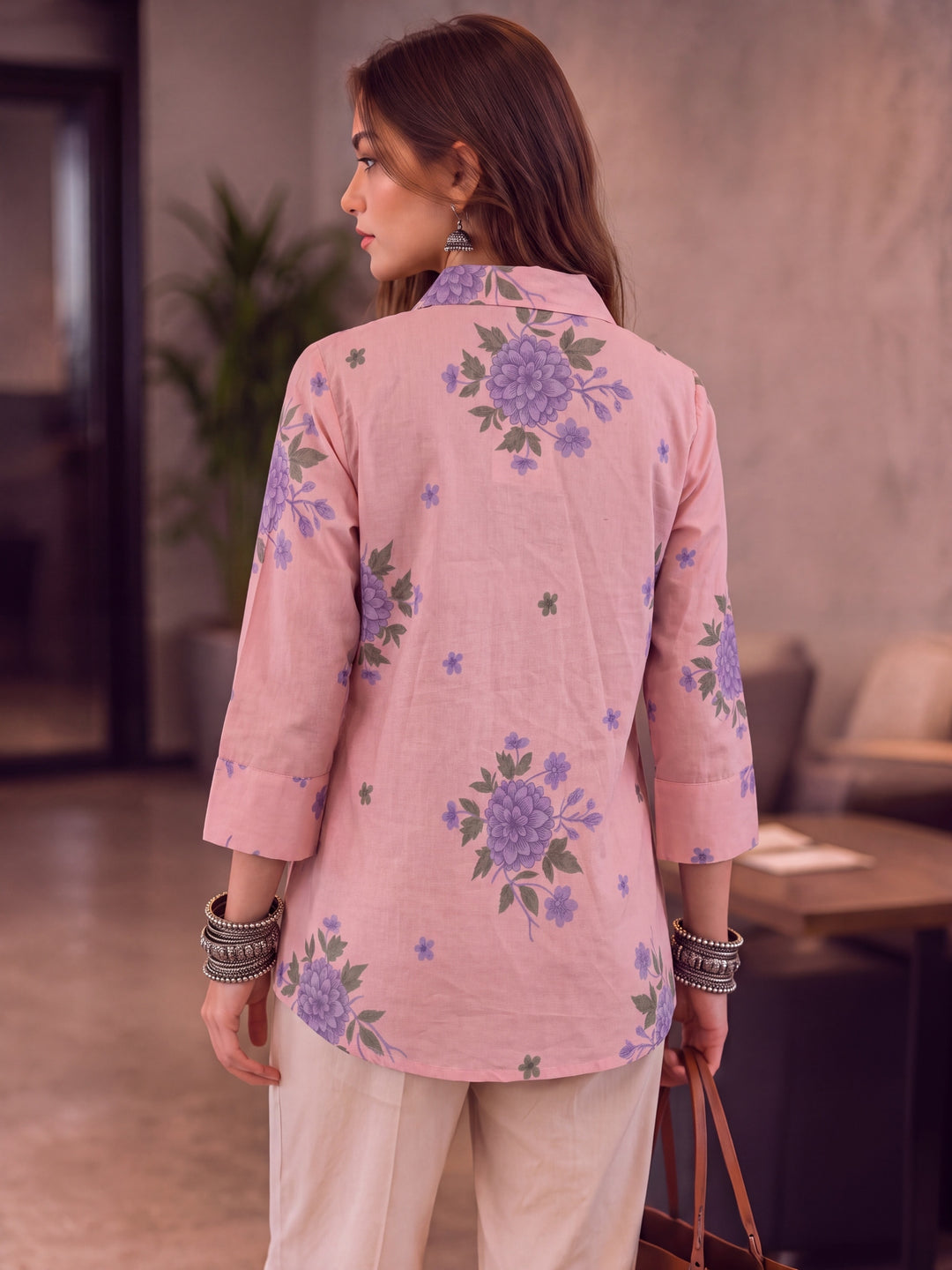Pink Cotton Knife Pleat Flare Sleeve Top