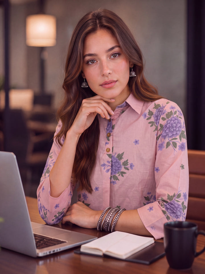 Pink Cotton Knife Pleat Flare Sleeve Top
