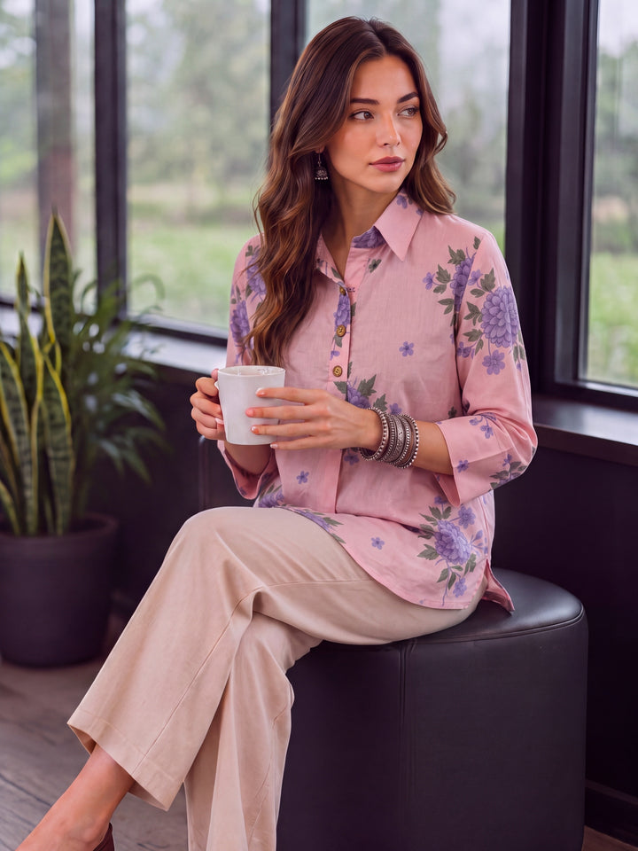 Pink Cotton Knife Pleat Flare Sleeve Top