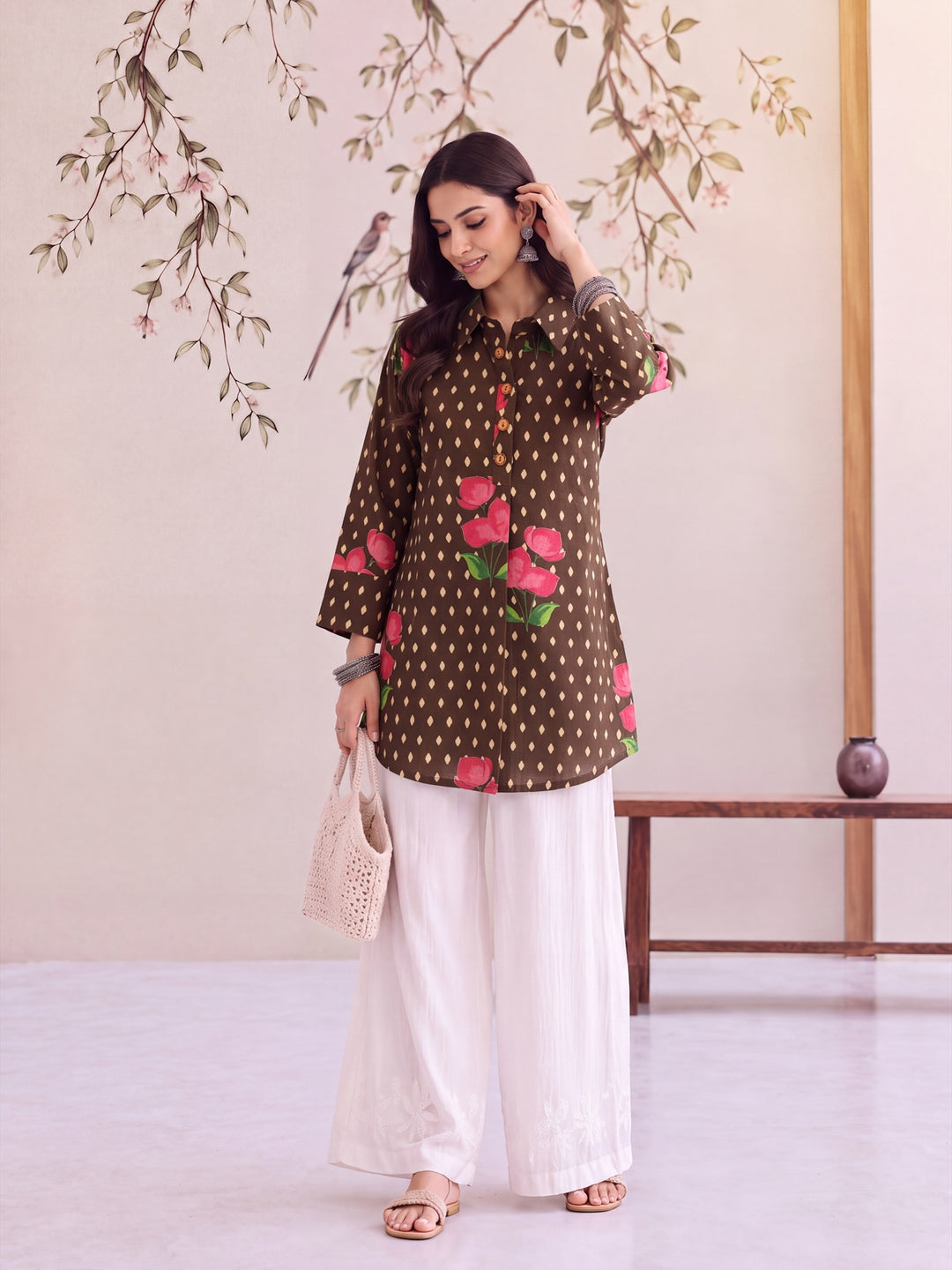 Olive Cotton Knife Pleat Flare Sleeve Top