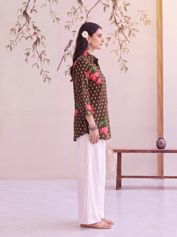 Olive Cotton Knife Pleat Flare Sleeve Top