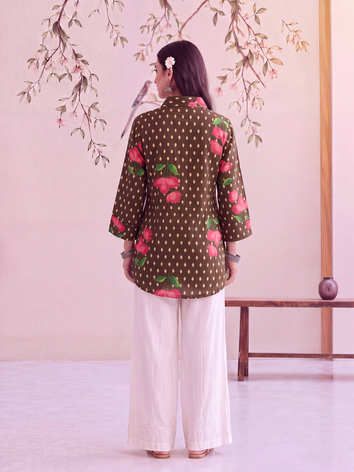 Olive Cotton Knife Pleat Flare Sleeve Top