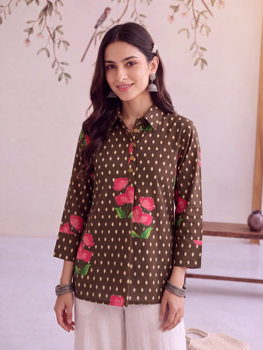 Olive Cotton Knife Pleat Flare Sleeve Top