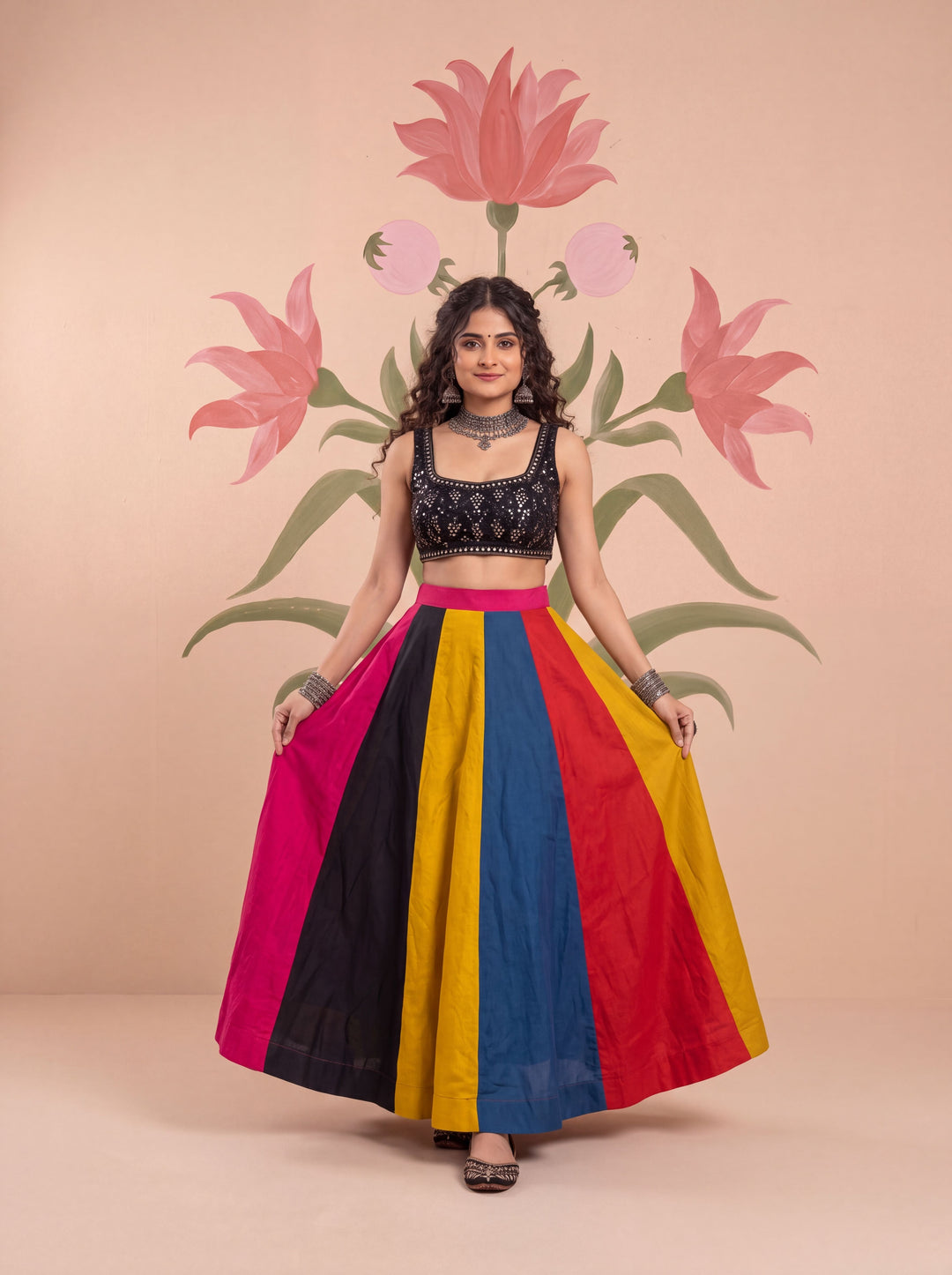Multi Color Flared Silk Blend Maxi Skirt