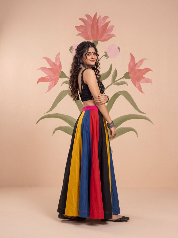 Multi Color Flared Silk Blend Maxi Skirt