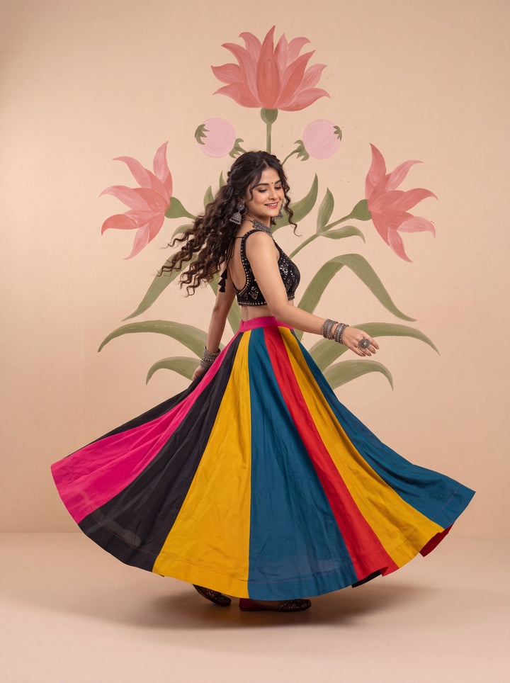 Multi Color Flared Silk Blend Maxi Skirt