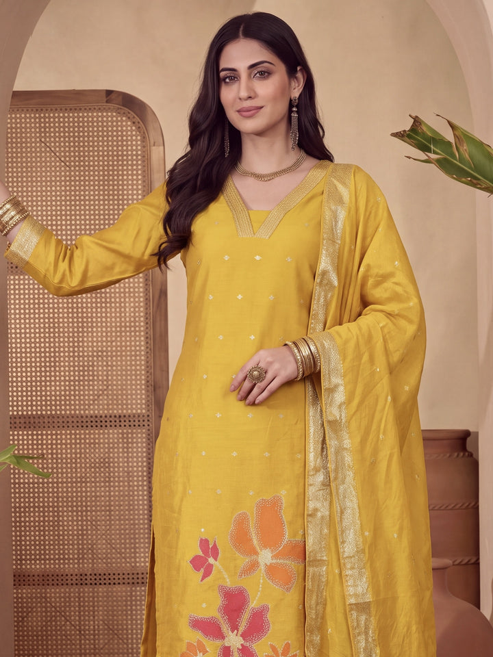 Mustard Chanderi Silk Straight Kurta Trouser Dupatta Set