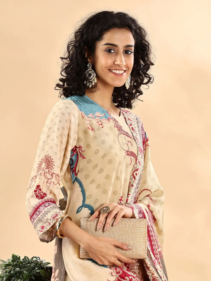 Beige Silk Crepe Cutdana_Work Straight Kurta Dupatta Pant Set