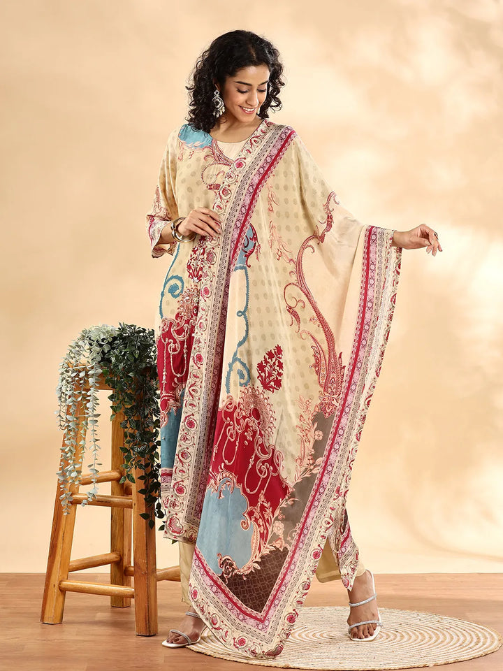 Beige Silk Crepe Cutdana_Work Straight Kurta Dupatta Pant Set