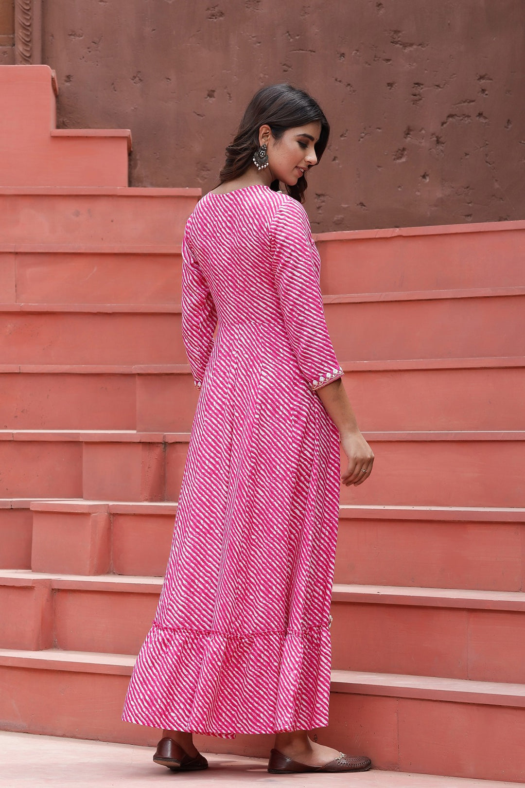 Pink Lehariya Printed Dress-Yufta Store