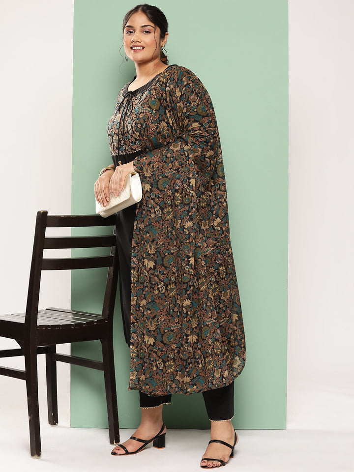 Plus Size Floral Yoke Design Sequined Cotton Kurta with Trousers & Dupatta